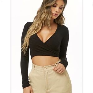 Never Worn! Black Ribbed Surplus Wrap Crop Top.